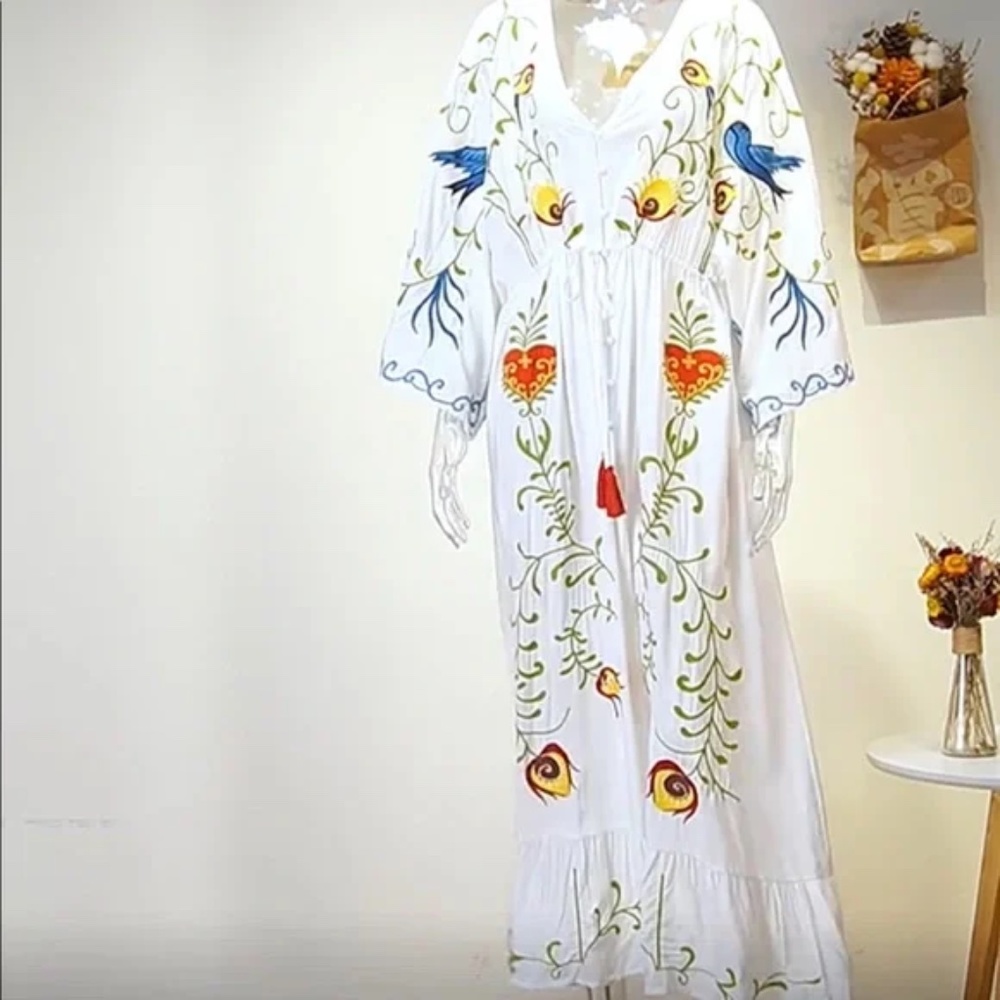 Boho Embroidered Hearts Floral Birds Long Maxi Kimono Dress - Picture 15 of 16